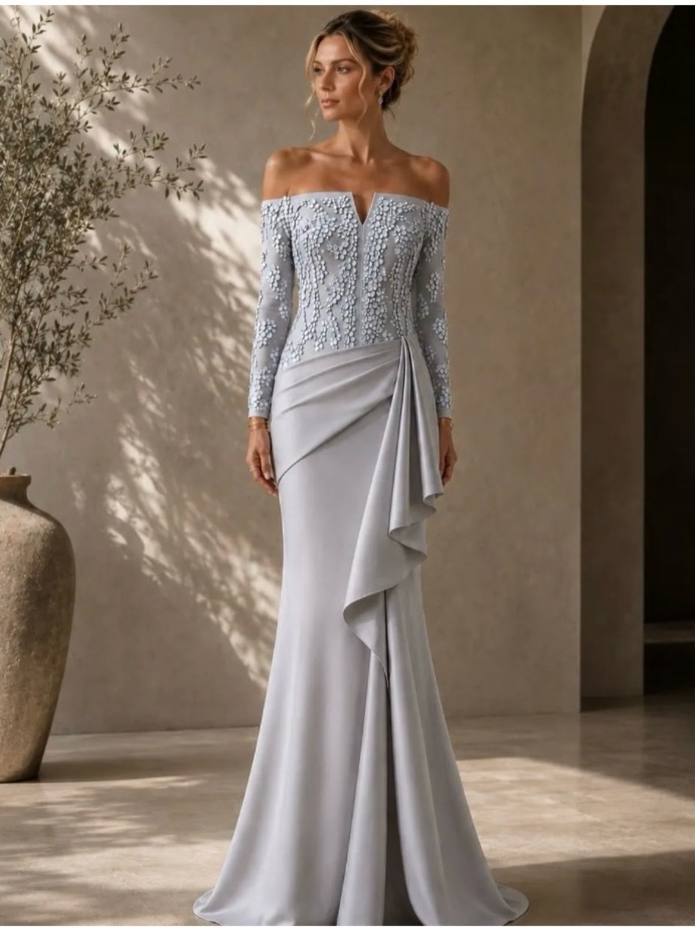 Off-Shoulder Pale Blue Embellished Evening Gown